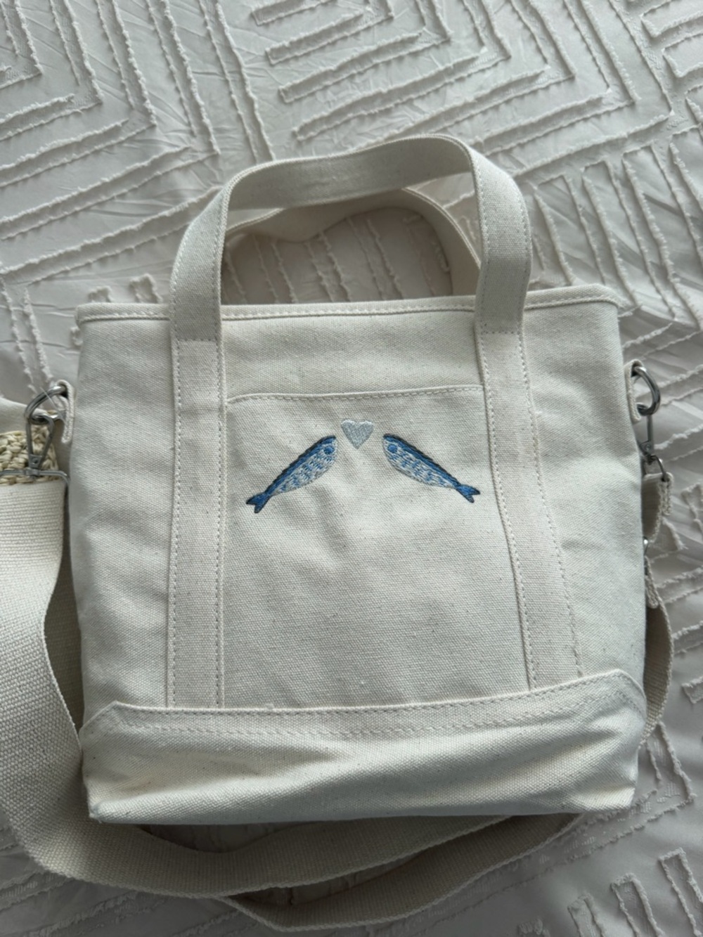 C&C California Embroidered Fish Canvas Tote in Natural with Blue Accents - Picture 4 of 8